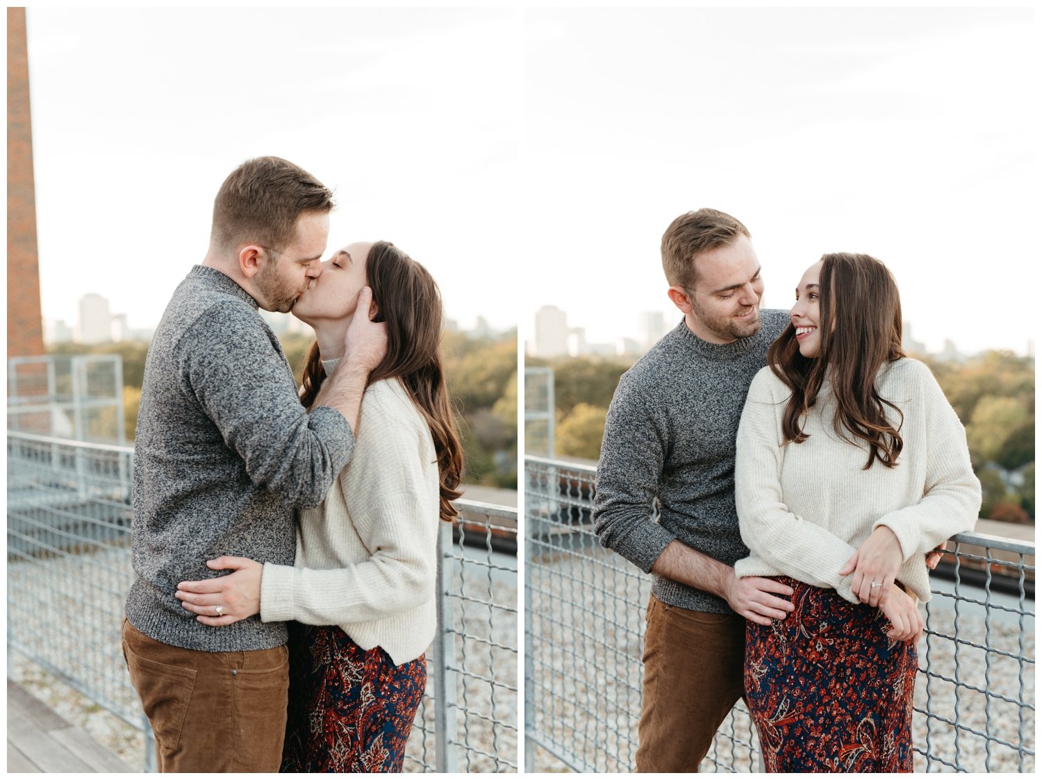 Couple kisses in Atlanta engagement photos on rooftop