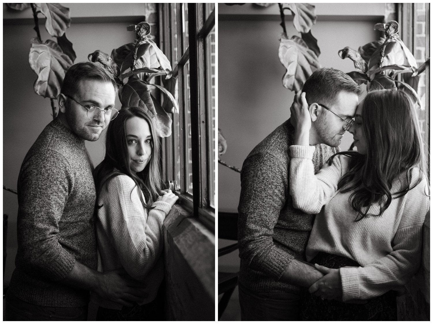 Black and white Atlanta engagement photos of a couple cuddling next to a plant