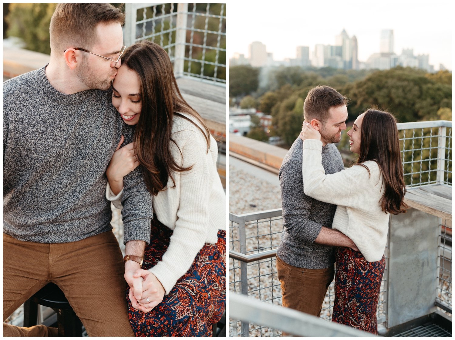 Couple talks during Atlanta engagement photos at the Roof at Ponce City Market