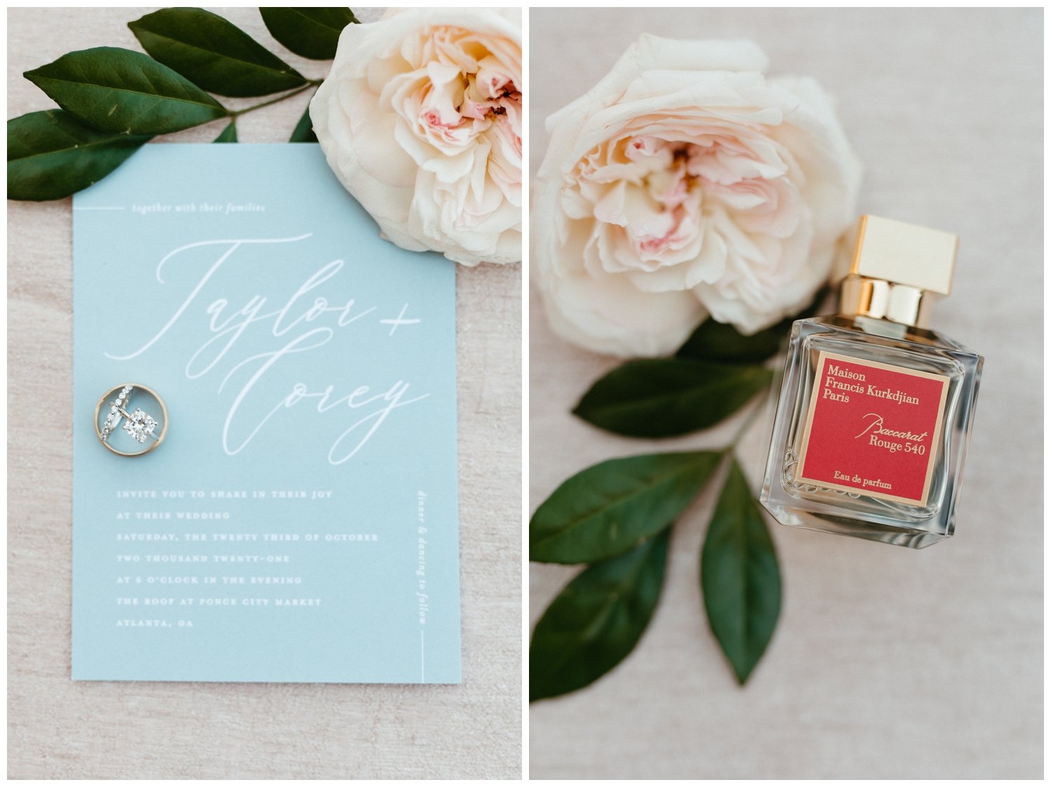 The invitation to the Ponce City Market wedding with flowers and perfume