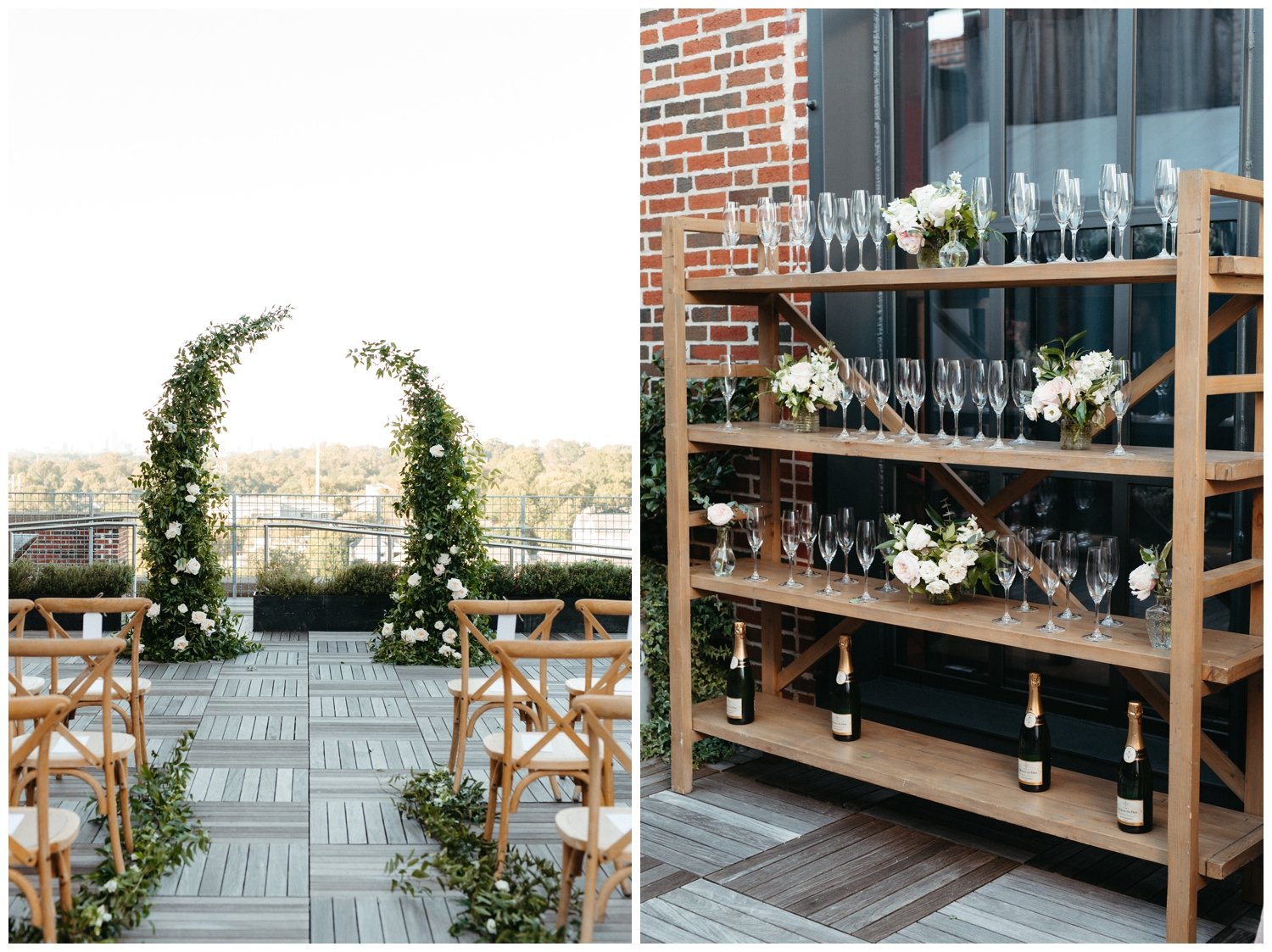 A floral arch and champagne glasses for a Ponce City Market wedding