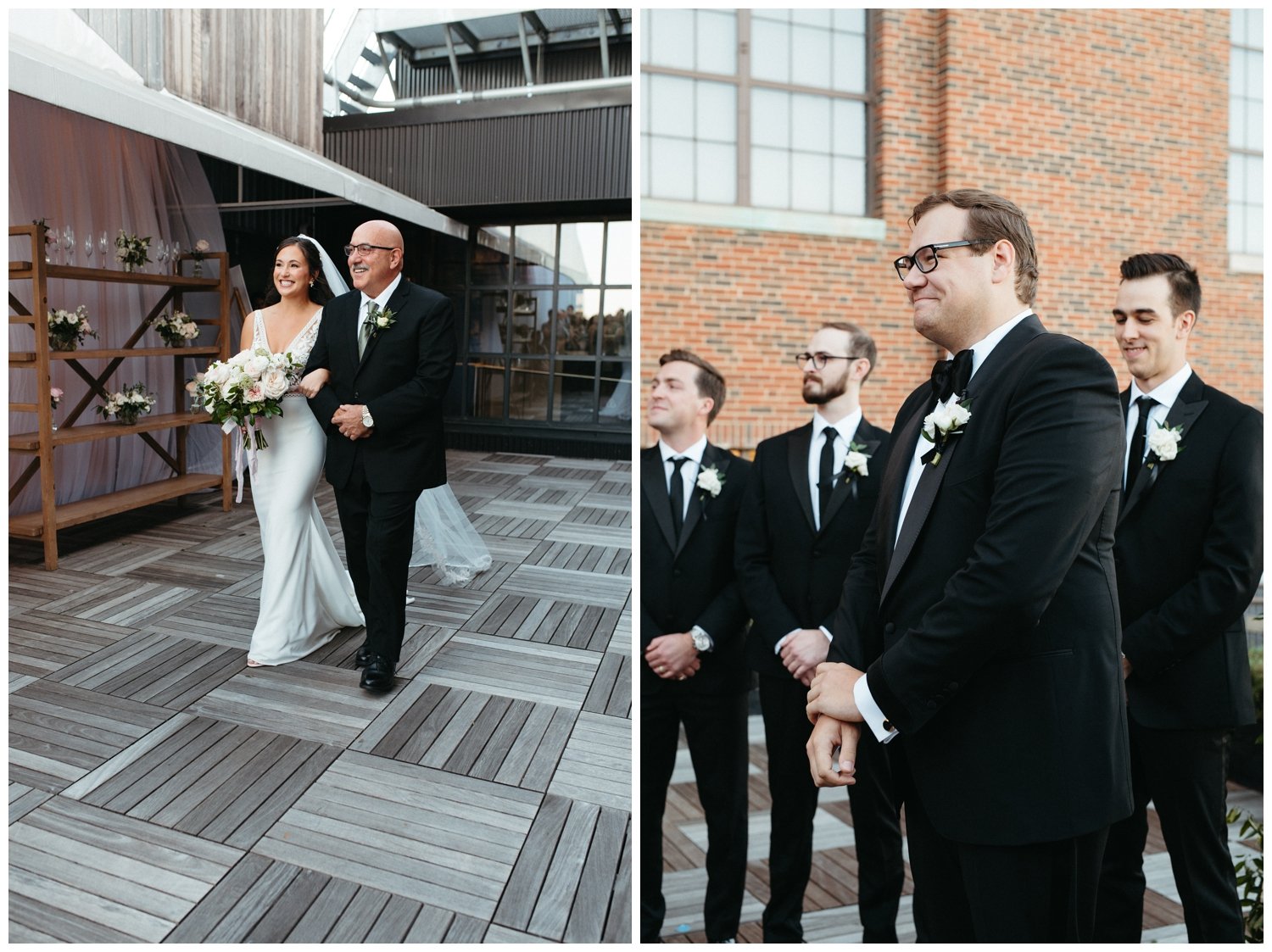 The bride's father walks her up the aisle at her Ponce City Market wedding