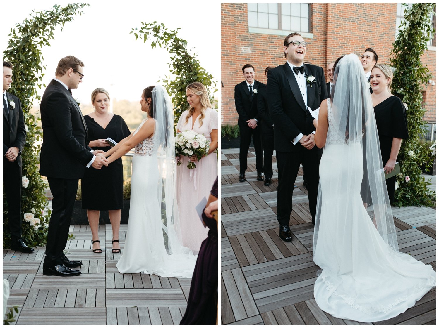 The couple exchanges vows at the Ponce City Market wedding