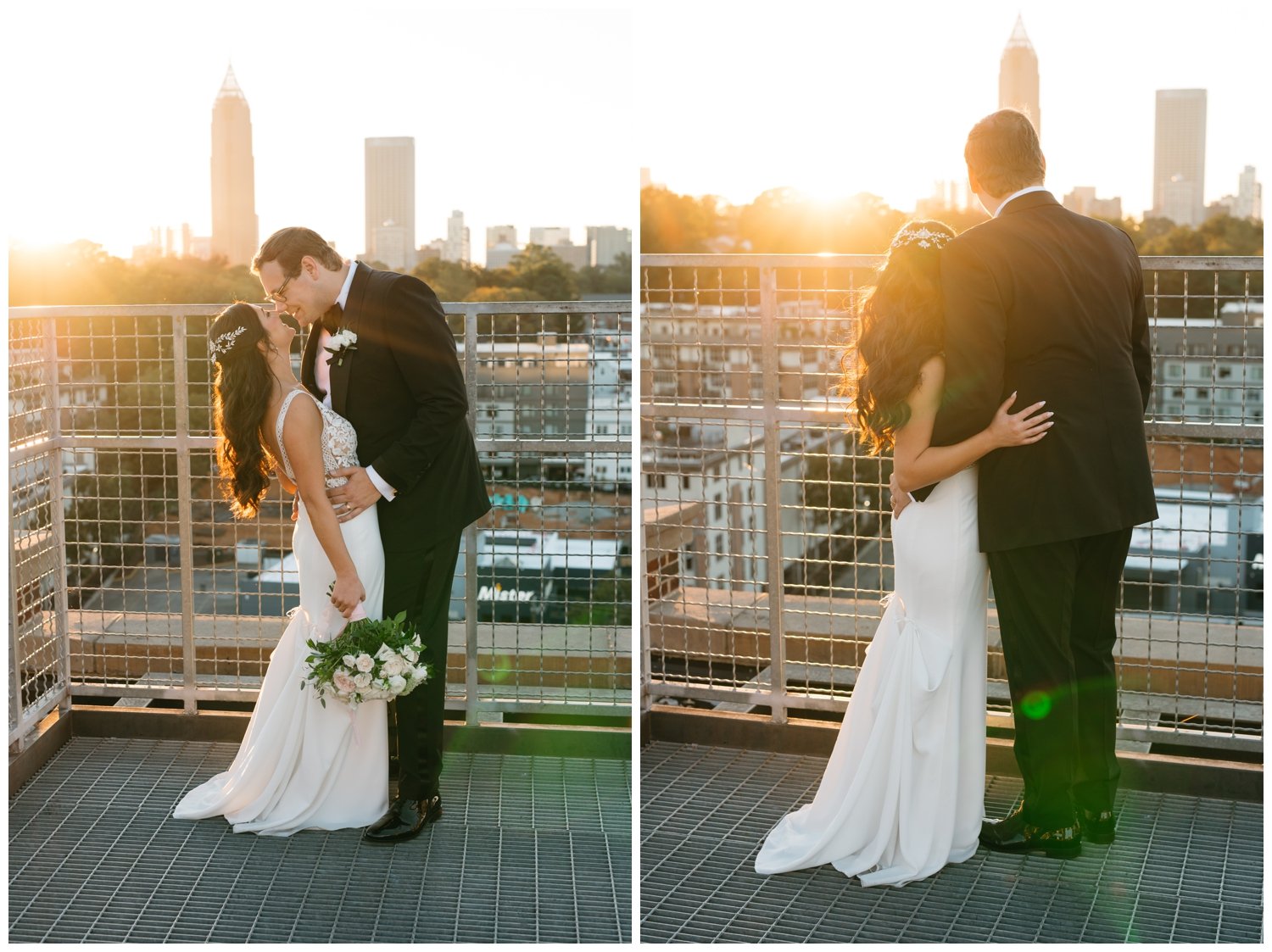 The couple watches the sun set over Atlanta after their Ponce City Market wedding