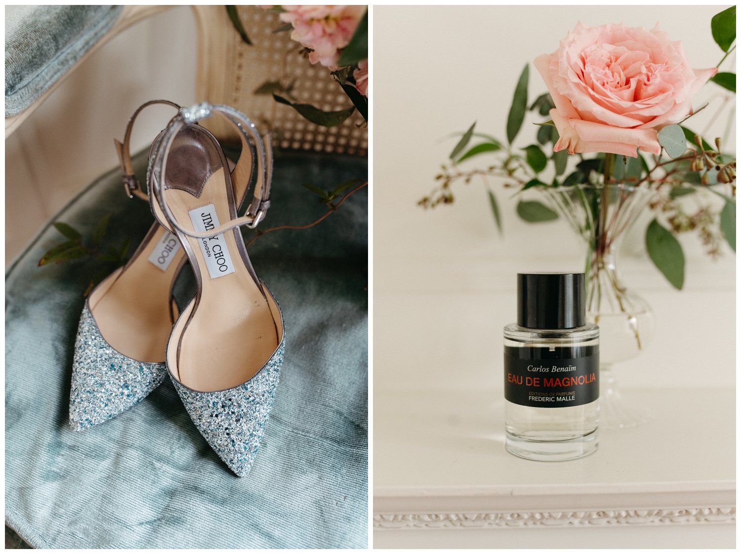 bride's shoes and perfume at an Atlanta intimate wedding venue