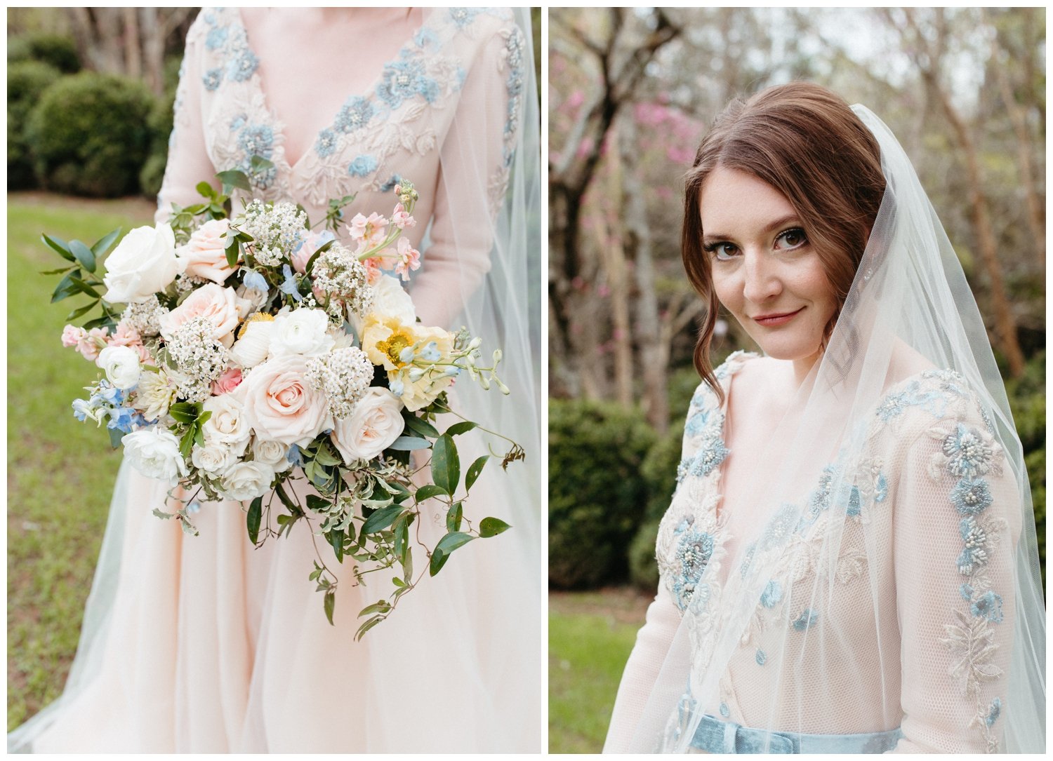 Details of bride's bouquet and veil at Atlanta intimate wedding venue