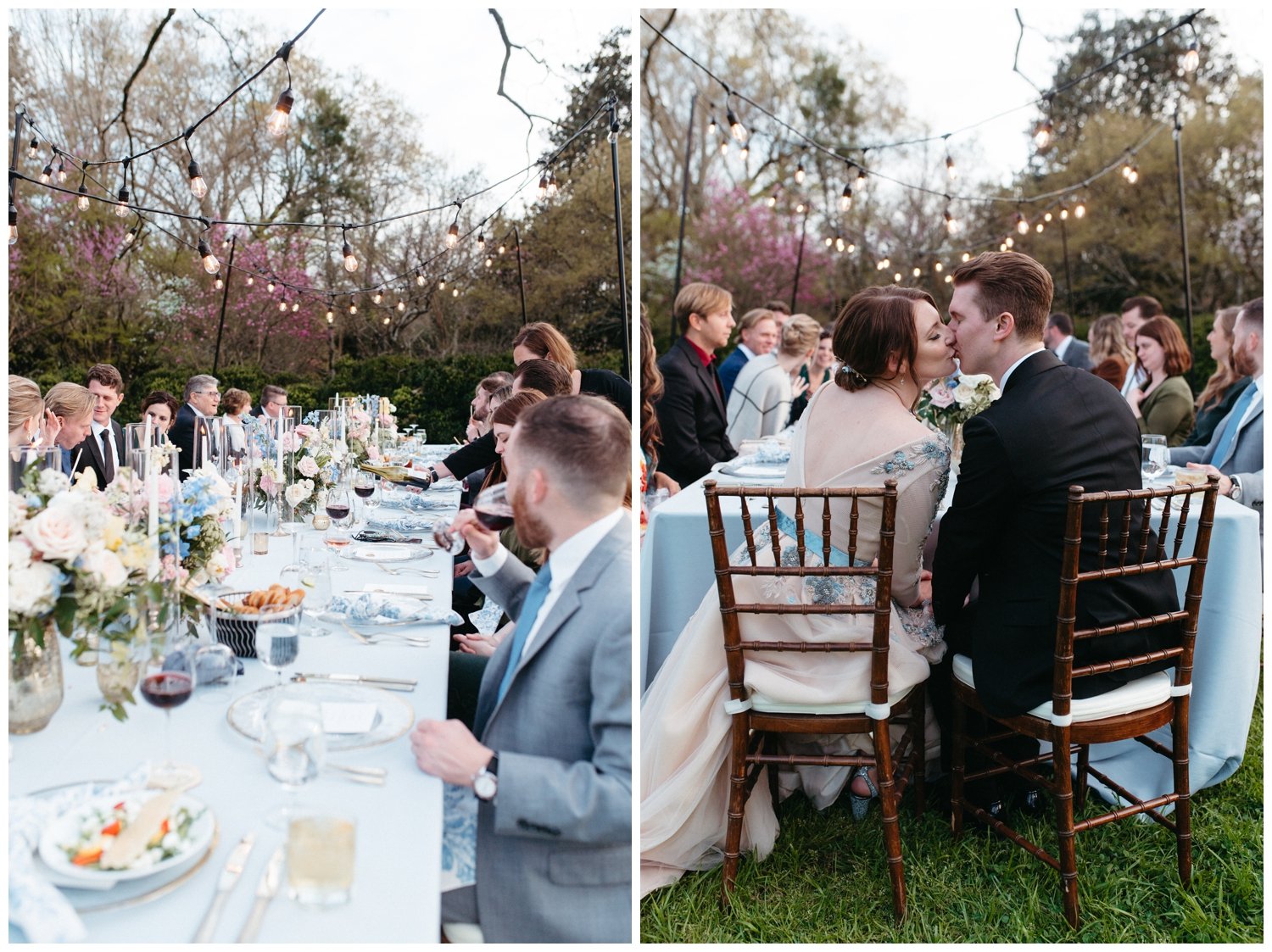 A couple enjoys dinner with their guests at an Atlanta intimate wedding venue