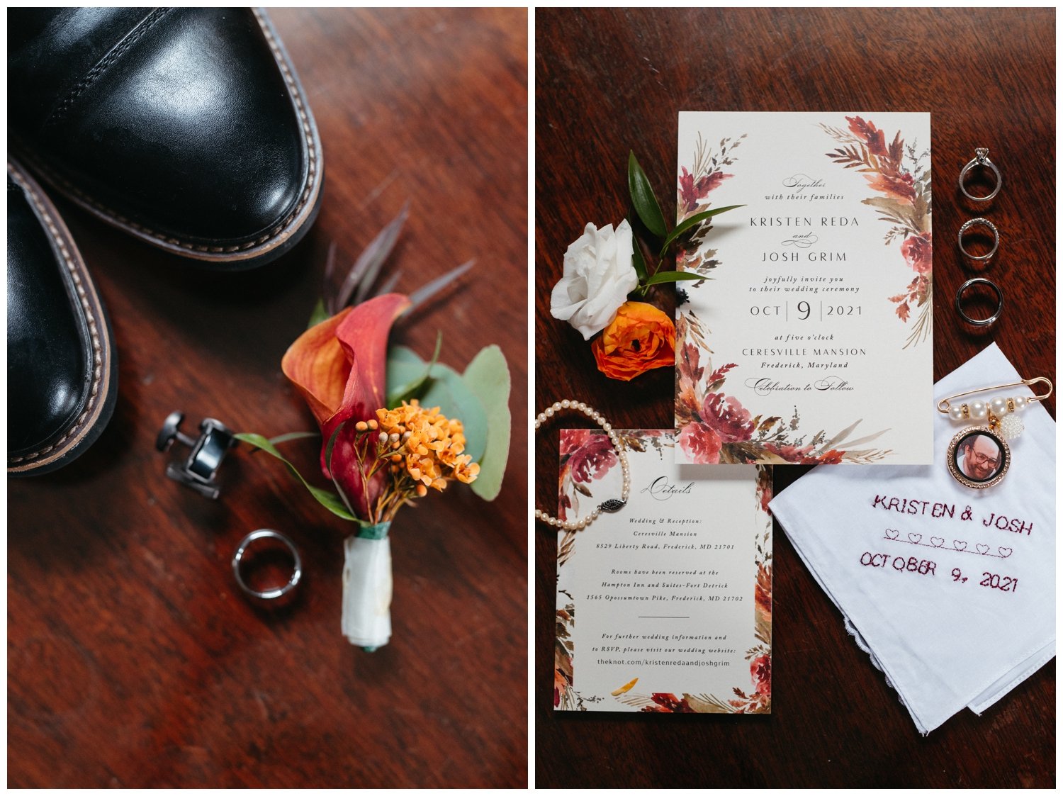 Invitation suite and boutonnière in bright reds and oranges for the intimate destination wedding