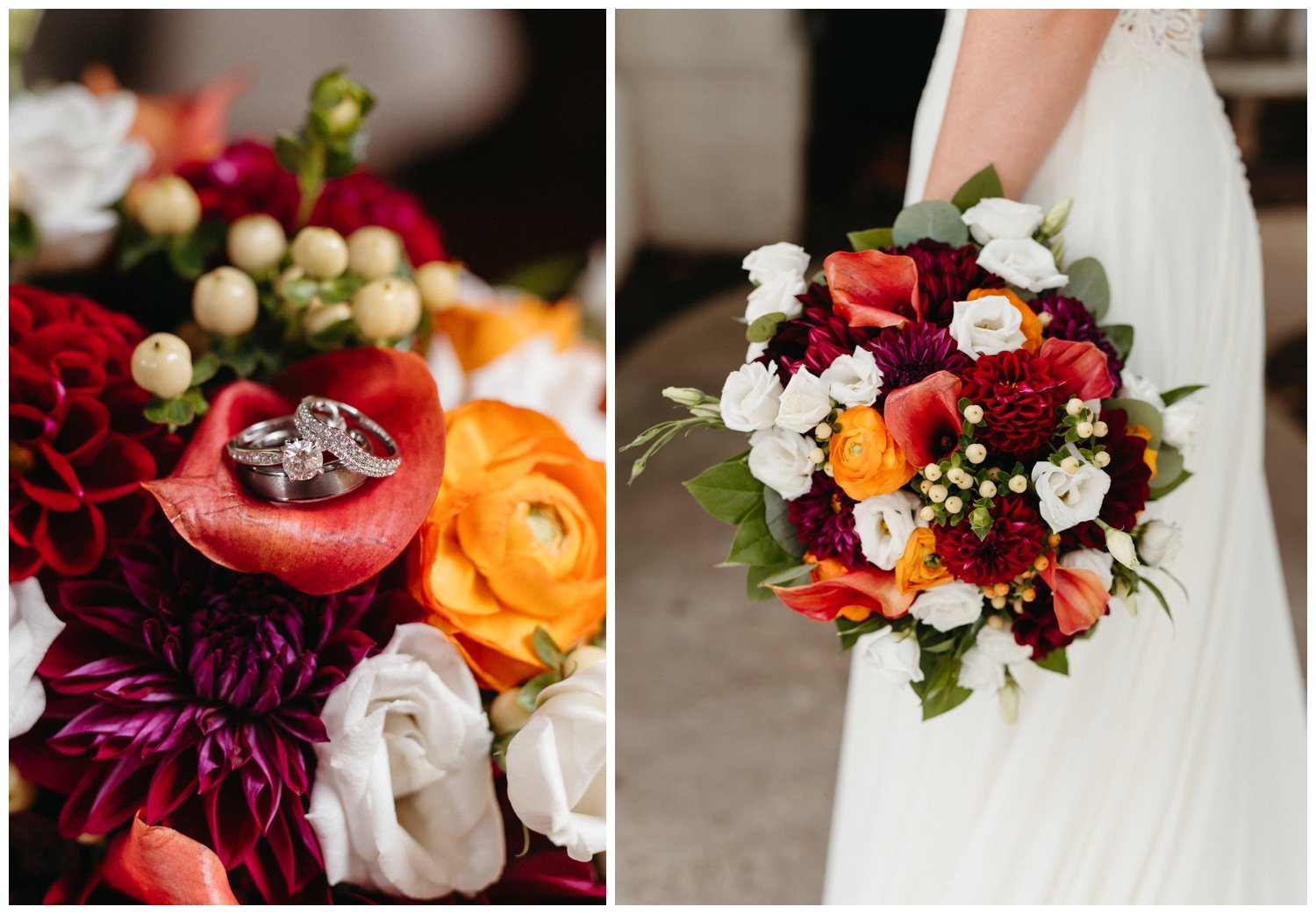 The rings are nestled in a red lily in the bride's bouquet for the intimate destination wedding