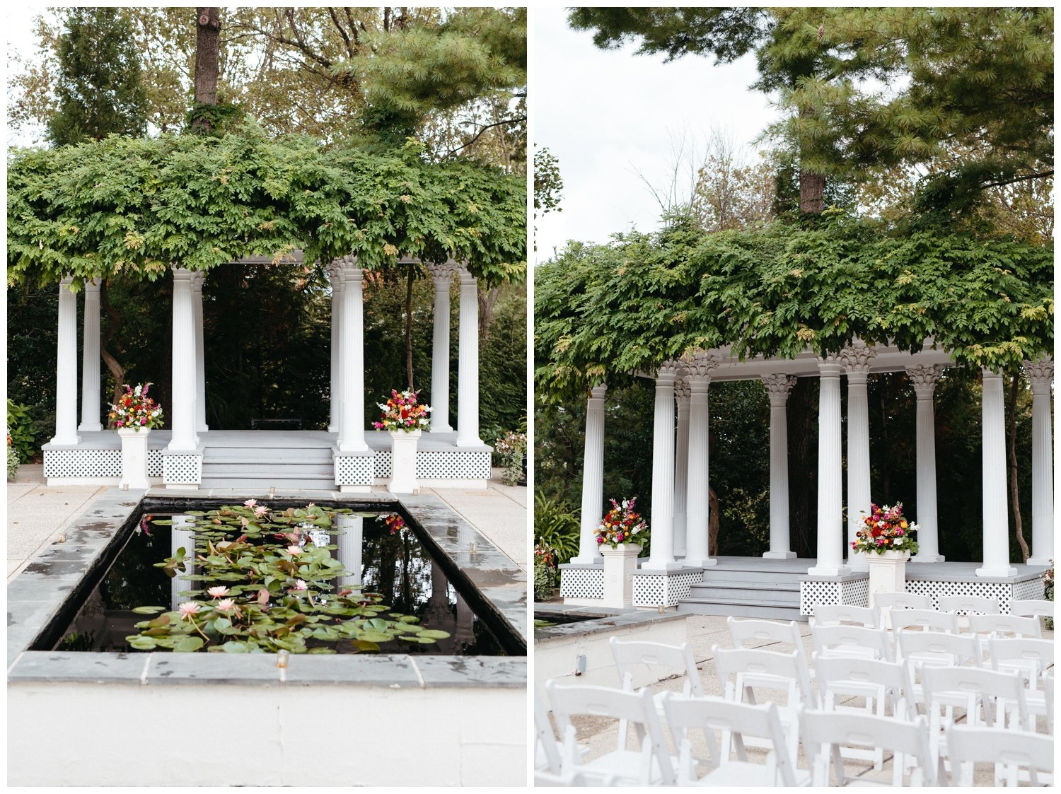 The terrace of Cereseville Mansion is set up for an intimate destination wedding ceremony