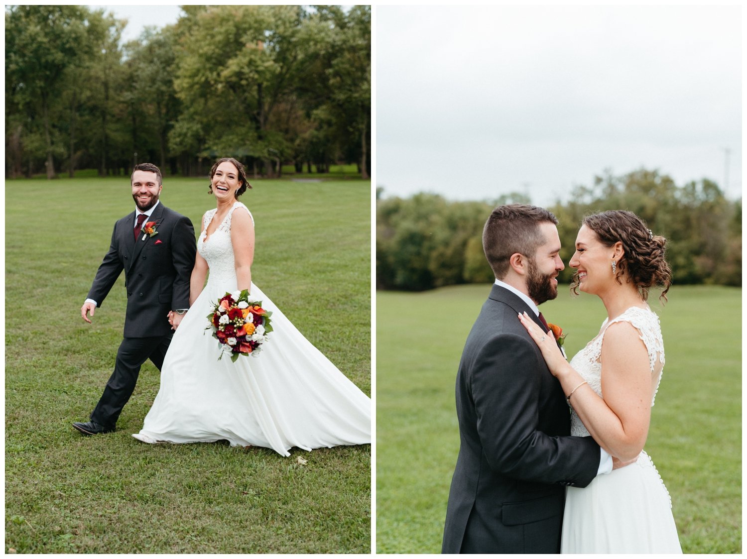 The couple walks across a wide grassy lawn before their intimate destination wedding