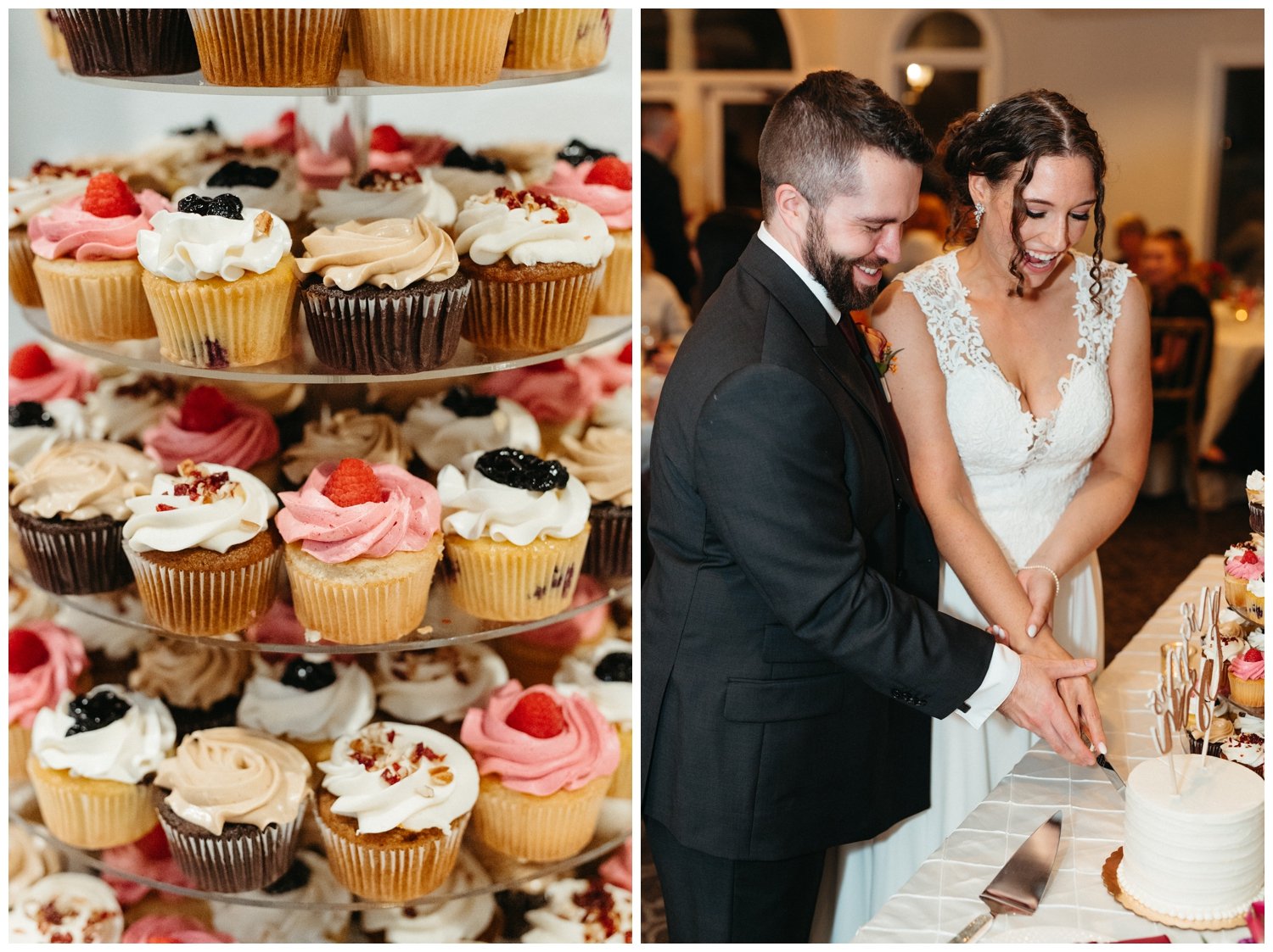 The couple cuts the cake next to a cupcake tower at the intimate destination wedding reception