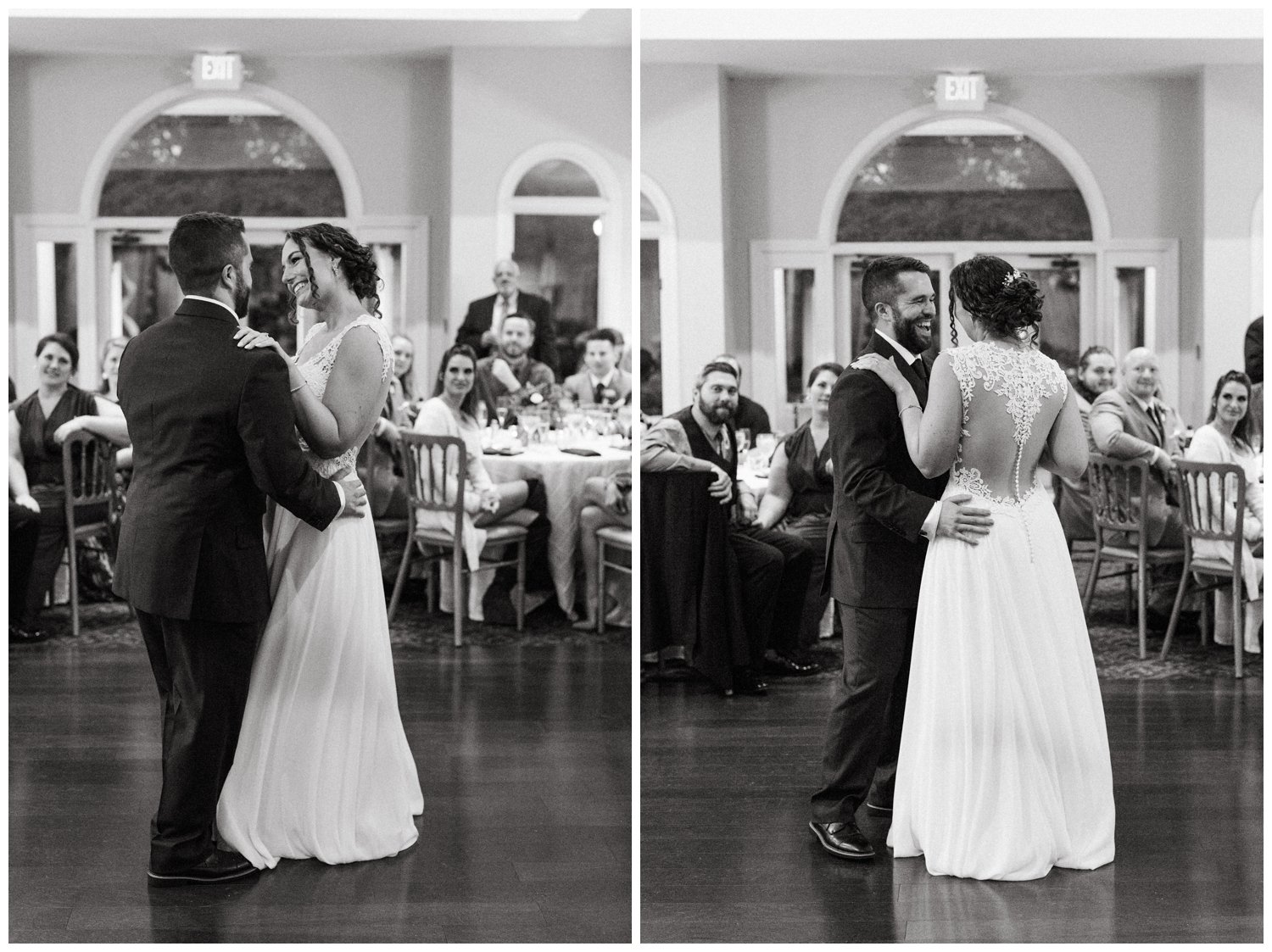 The first dance at the intimate destination wedding in black and white photos