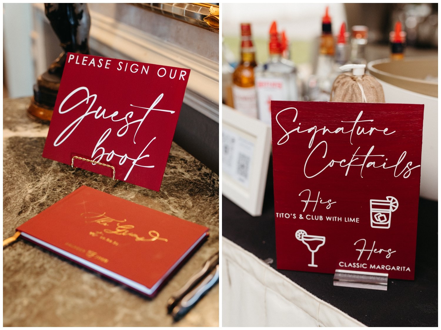 Red signage at the intimate destination wedding reception