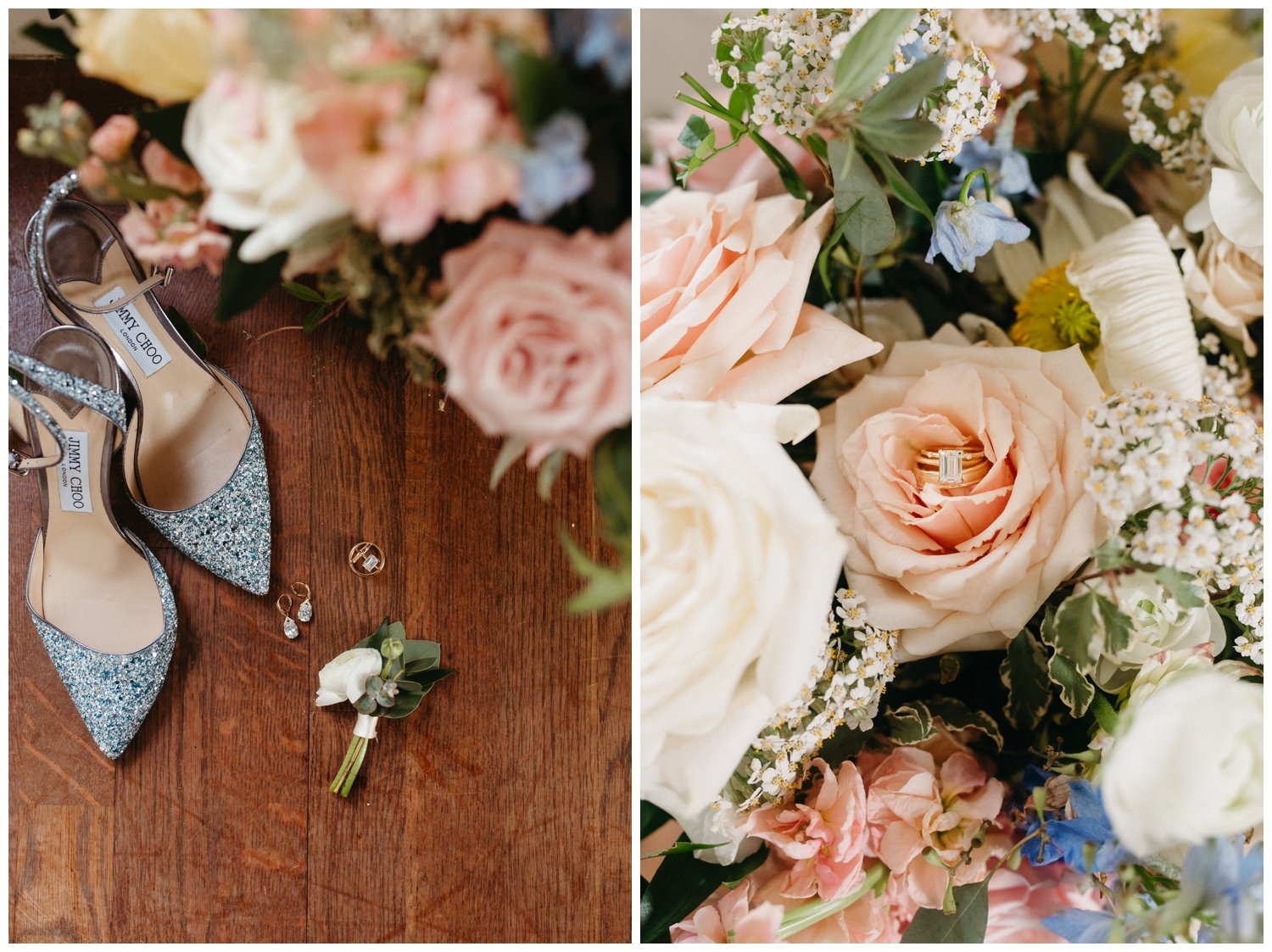 Detail photos of rings and bride's shoes with flowers before a small wedding reception