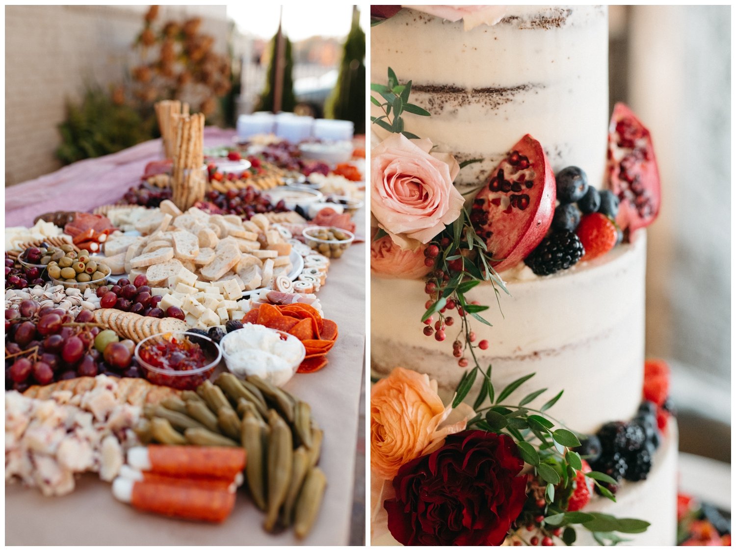 Detail photographs of appetizers and cake for small wedding reception ideas
