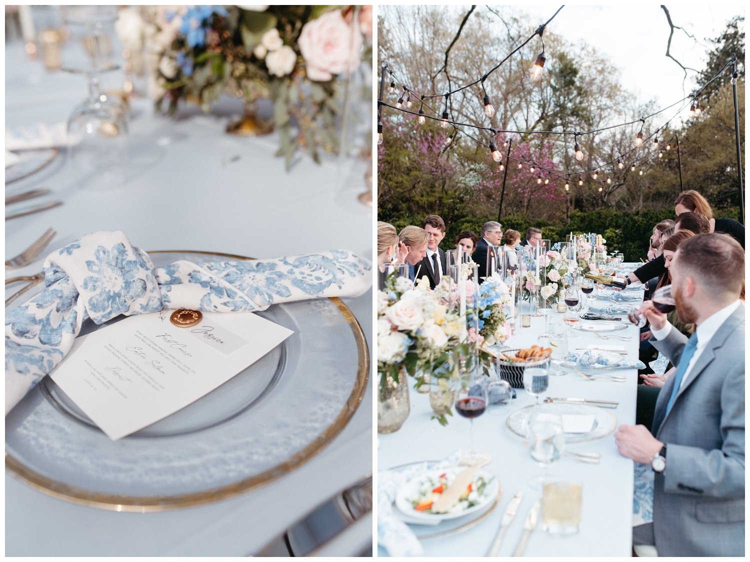 Guests enjoy a small wedding reception with blue  linens