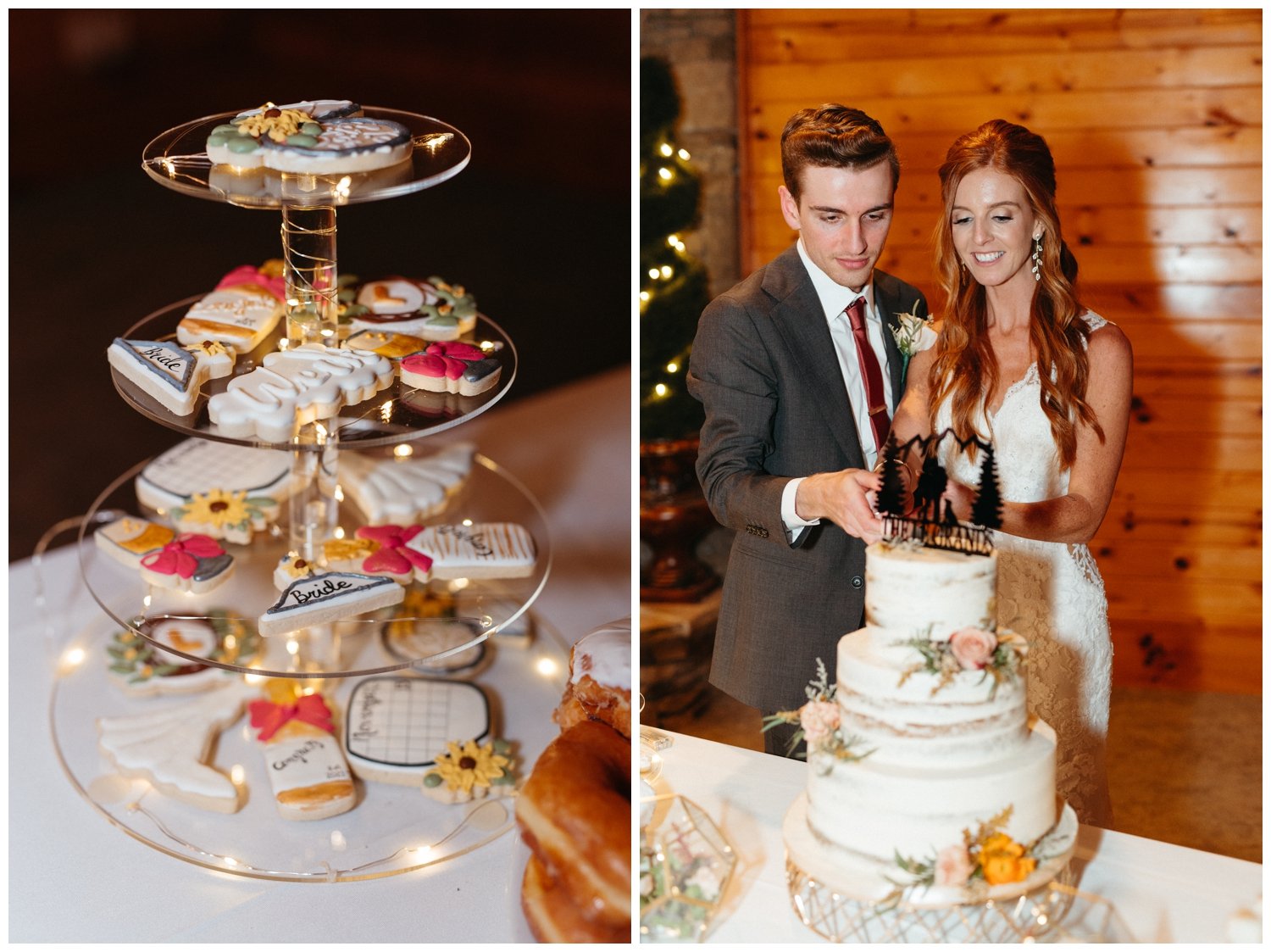 The couple cuts the cake at the mountain wedding venue
