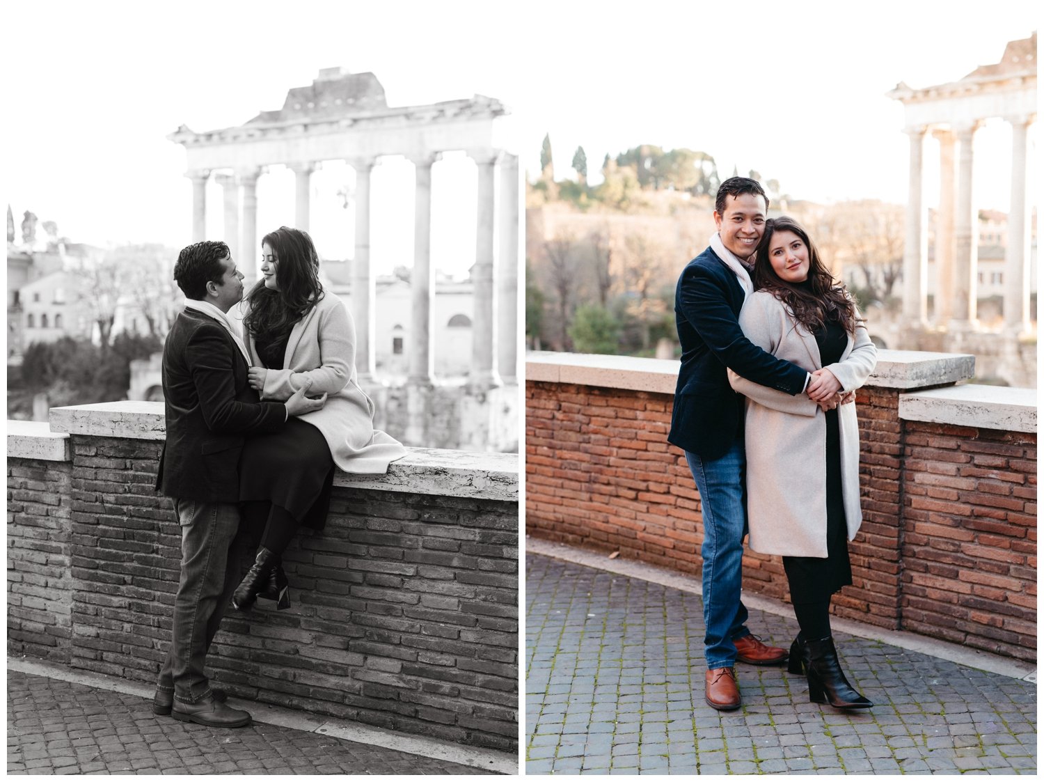 The wedding photographer in Italy with a couple sitting on a wall