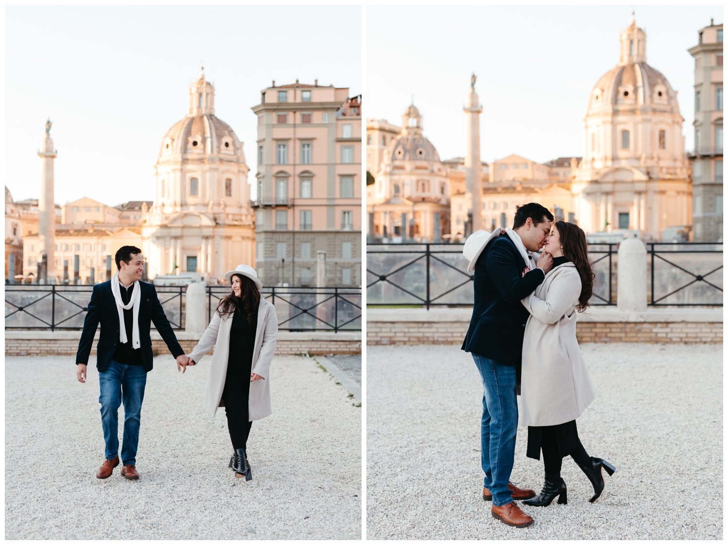 The couple walks in a plaza with the wedding photographer in Italy