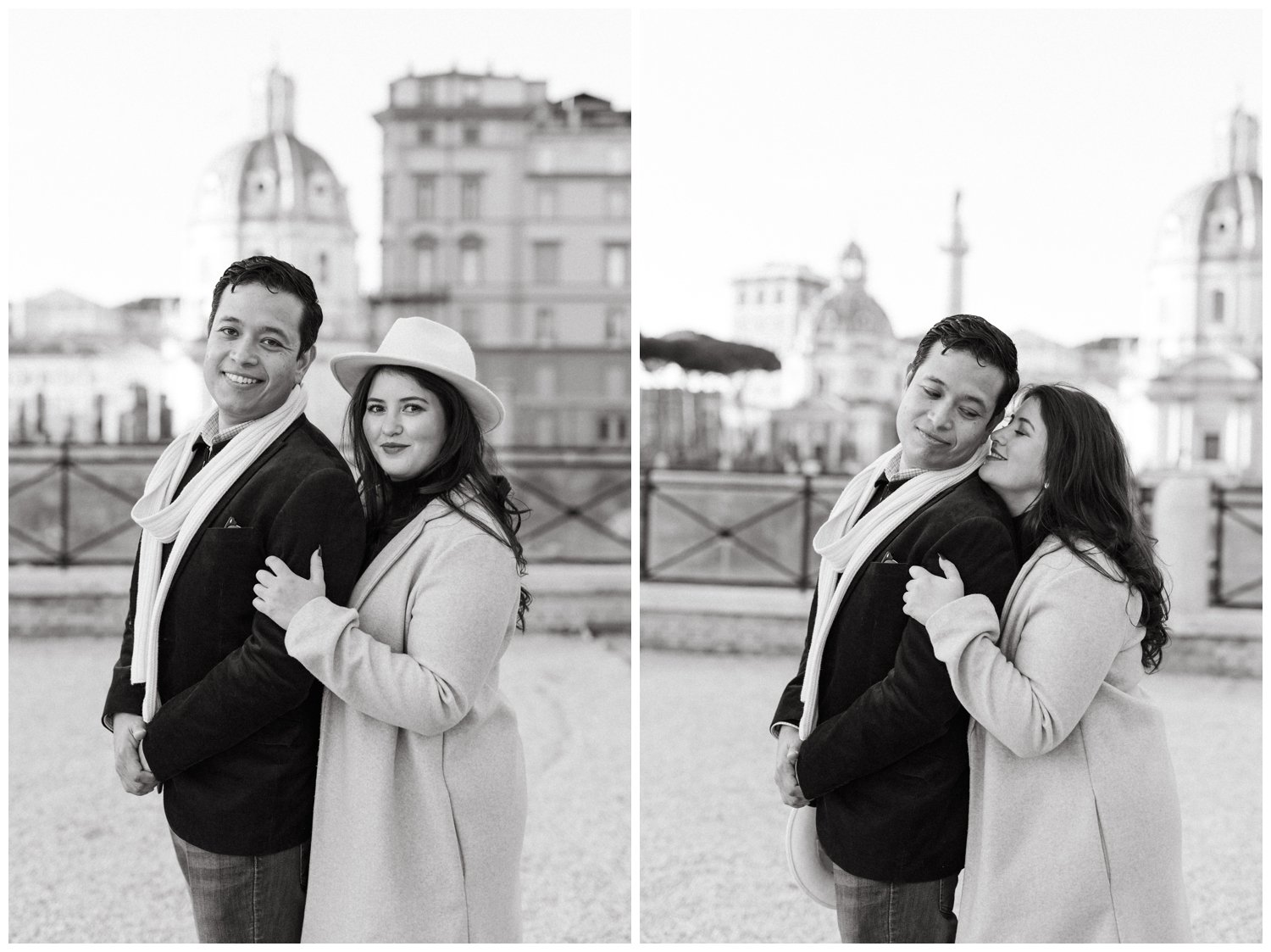 The couple cuddles in Rome for the wedding photographer in Italy